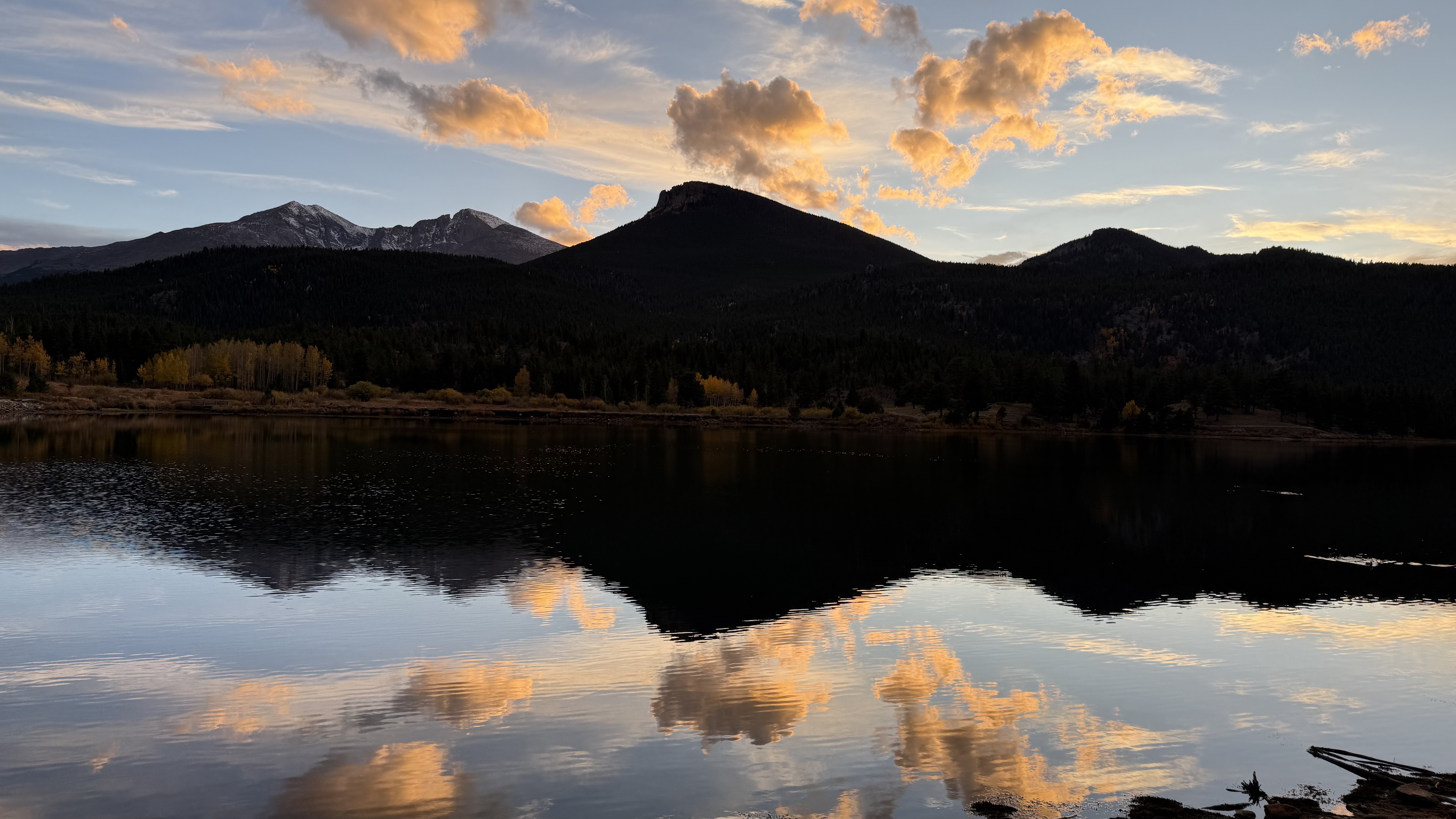 Mountain and sunset reflected in Lily Lake, Colorado